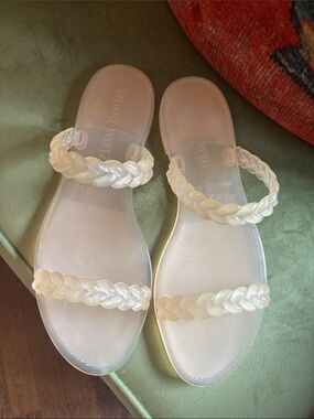 Stuart Weitzman Pearlescent White Braided Jelly Slide Sandals